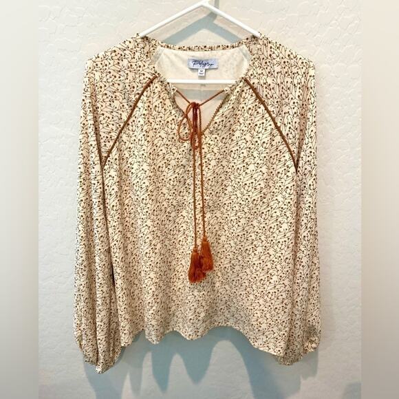 POLAGRAM | Cream Rust Boho Floral Peasant Tassel Tie Long Sleeve Top | Medium - Picture 1 of 7